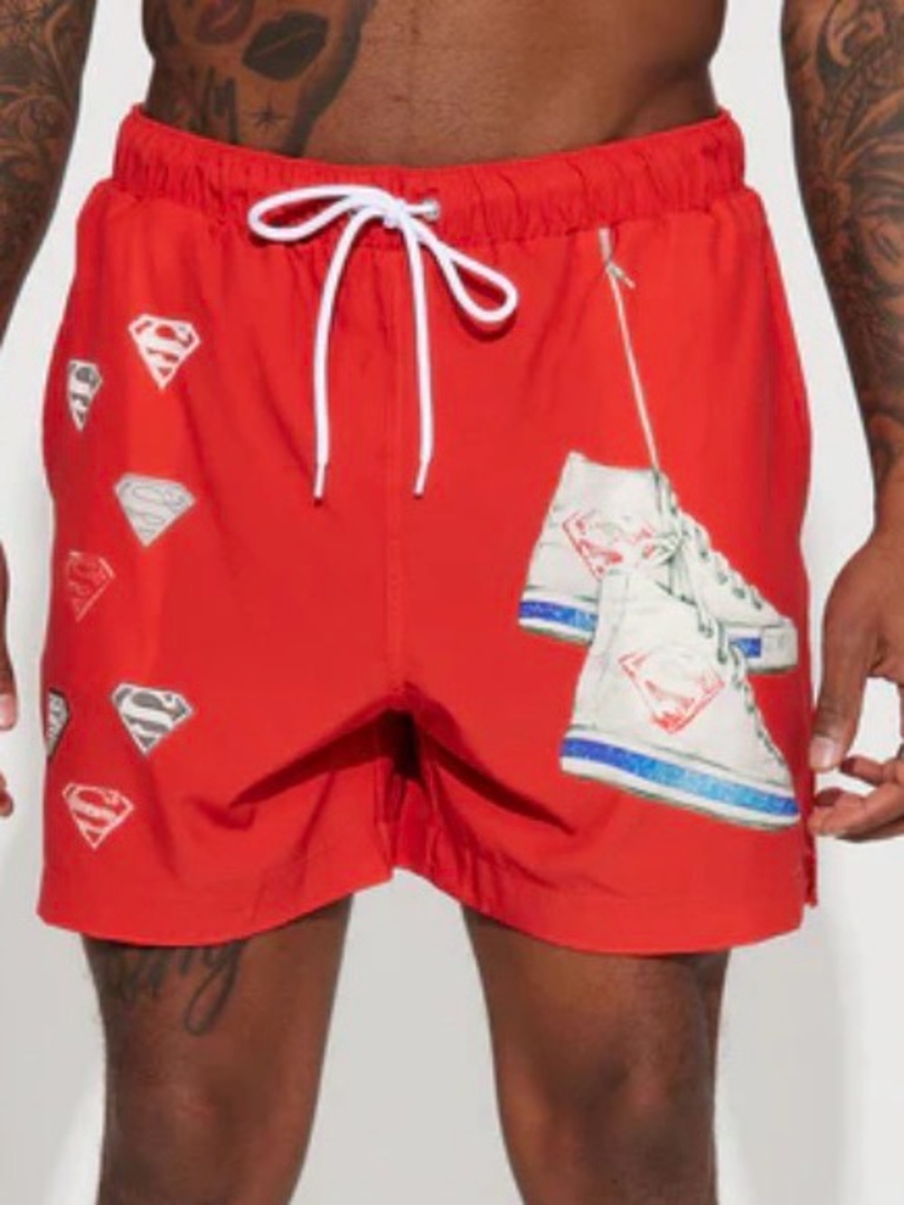 New Superman Swim Shorts with Graphic Sneaker Print. Fashion Nova Sz Sm